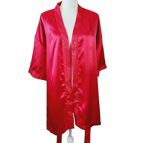 Sopre Lingerie Satin Robe Red Shiny Satin Floral Tonal Trim Sz Small Tie Waist - Picture 2 of 7